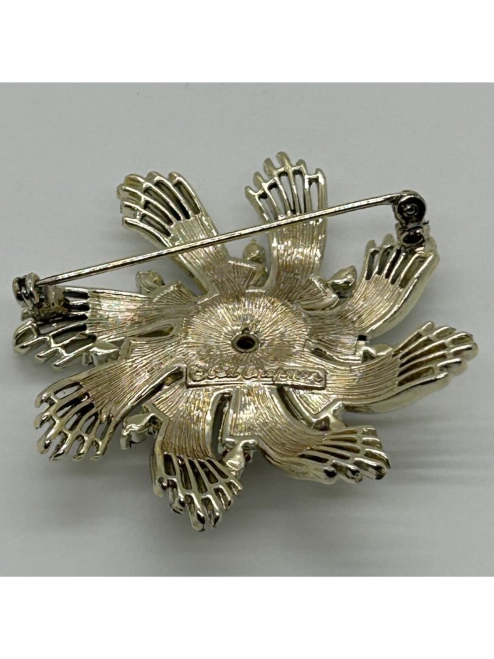 Vintage Ceil Chapman Brooch Gold Tone Pearl Rhinestone Flower Statburst Atomic - Picture 7 of 12